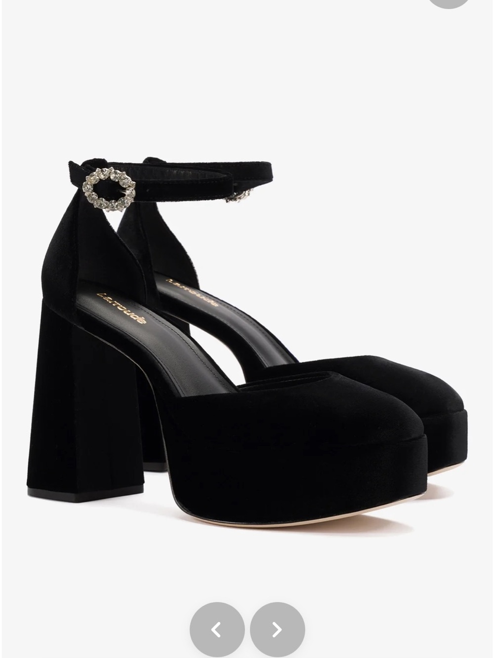 larroude Unworn Black Velvet Platform Ankle-Strap Pumps with Crystal Buckle
